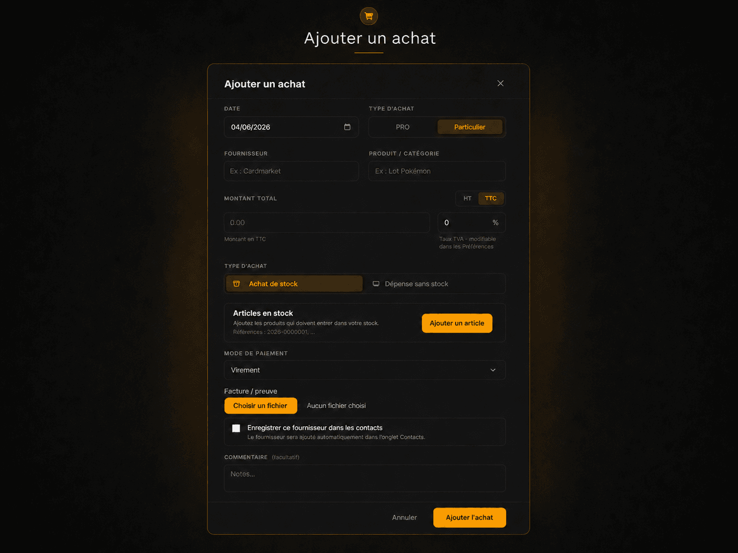 Page Achats Kyrivo — encoder un achat avec ou sans stock
