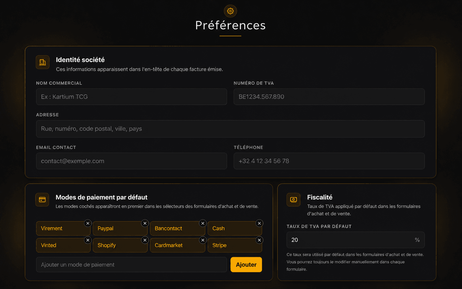 Page Préférences Kyrivo — configuration TVA, modes de paiement et identité