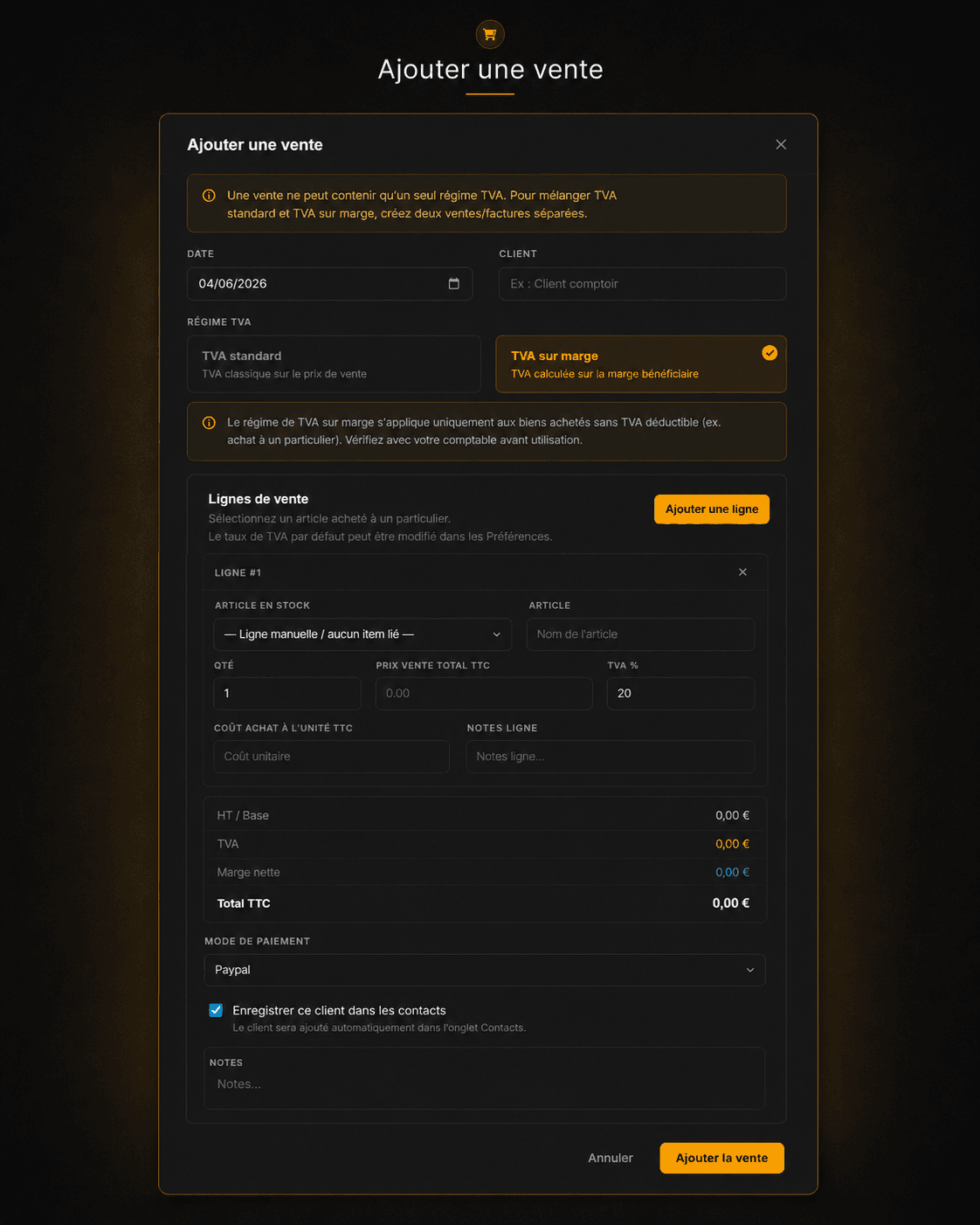 Page Ventes Kyrivo — encoder une vente avec sélection d'articles en stock